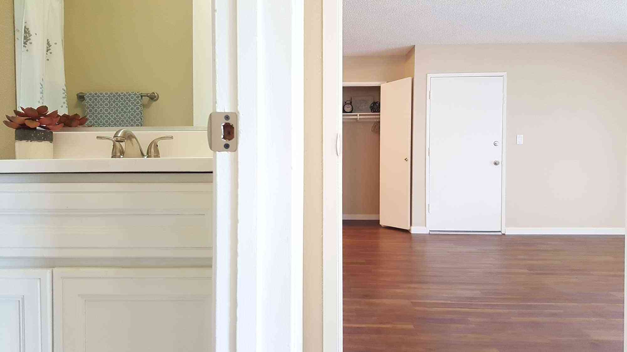 bathroom view from open concept living area